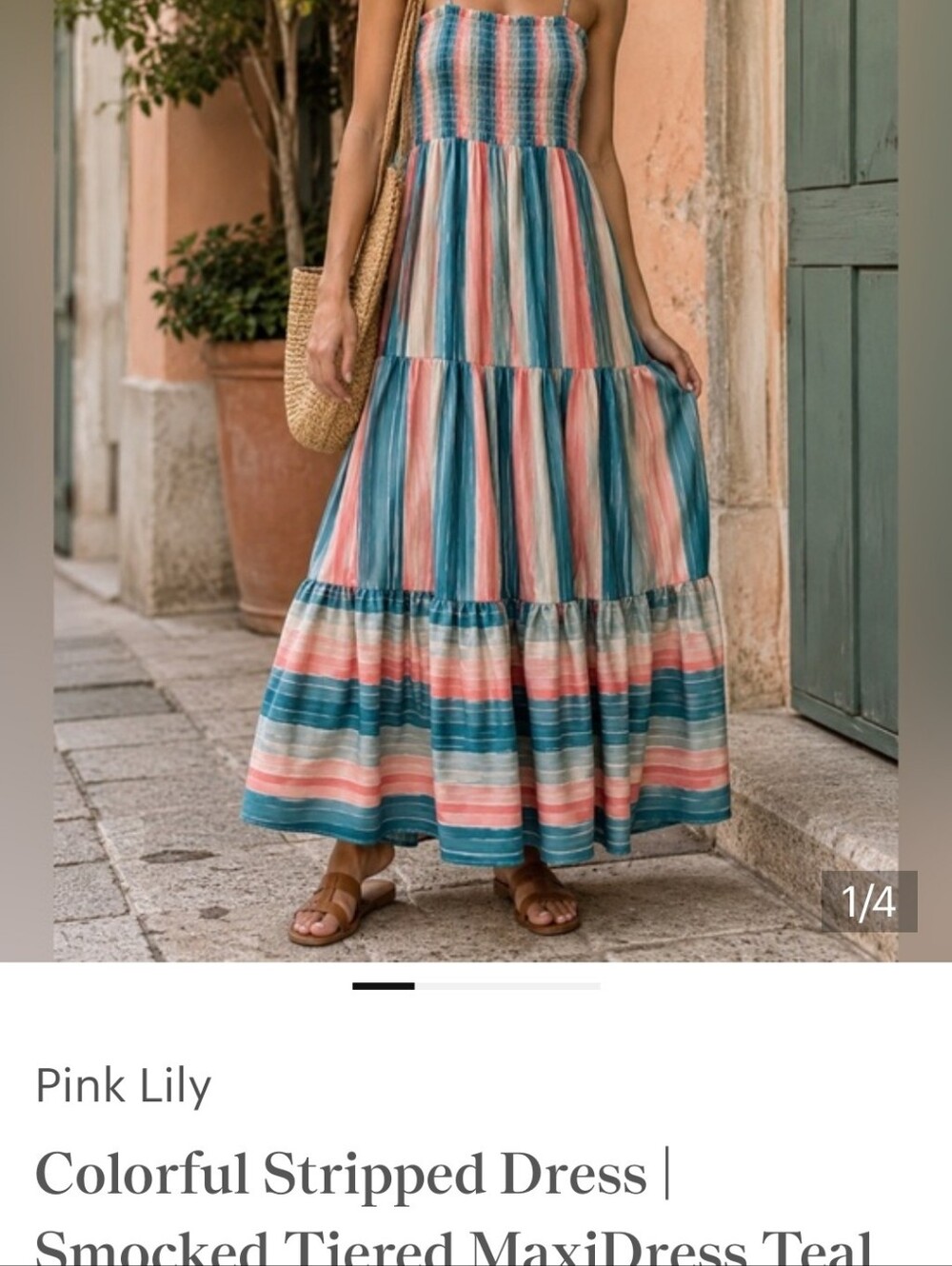 Colorful Stripped Dress | Smocked Tiered MaxiDress Teal Coral Vacation Sz Small